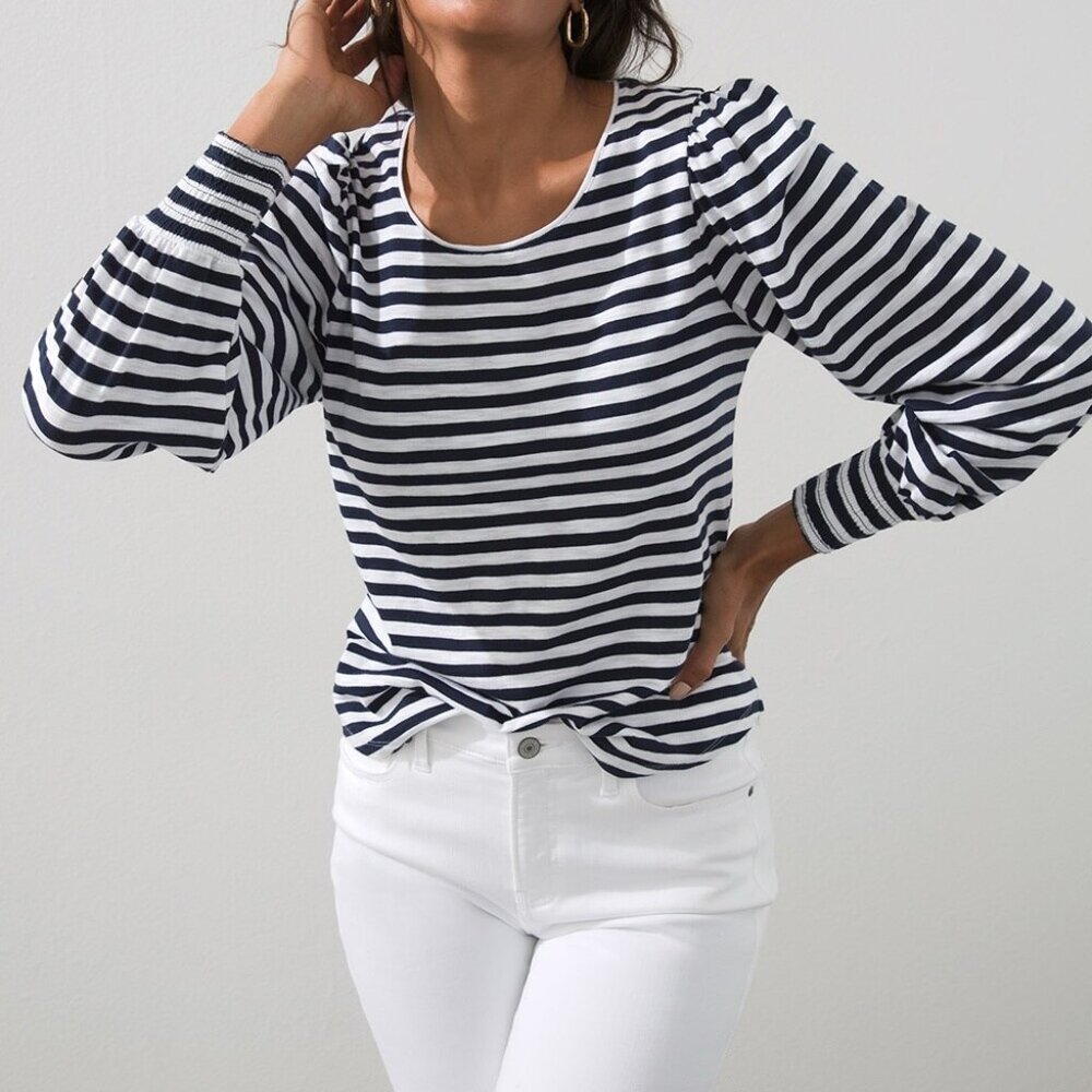 Chico's Black and White Striped Long Sleeve Puff-Sleeve Tee